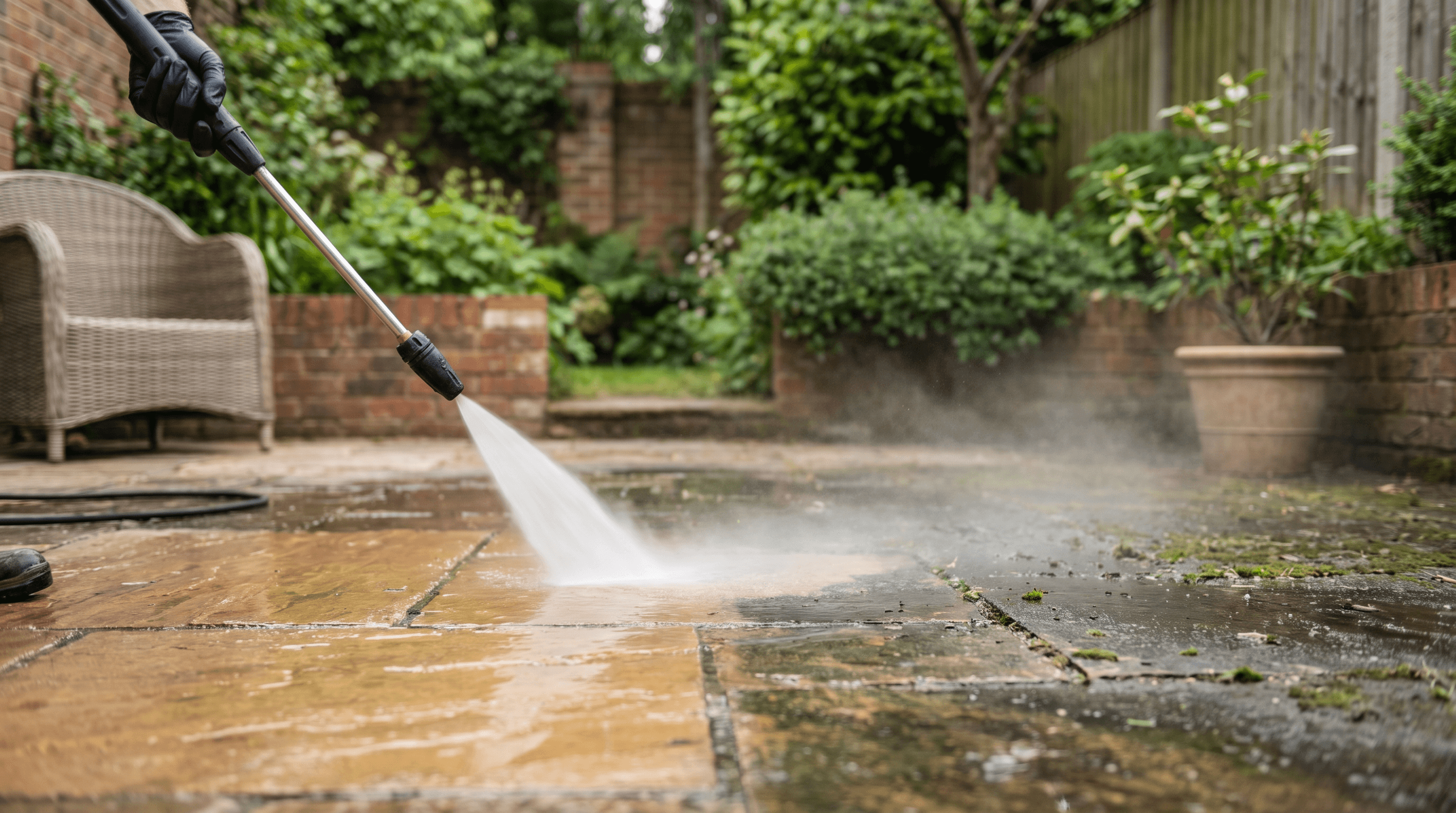 Close-up of a pressure washer cleaning a residential patio surface.