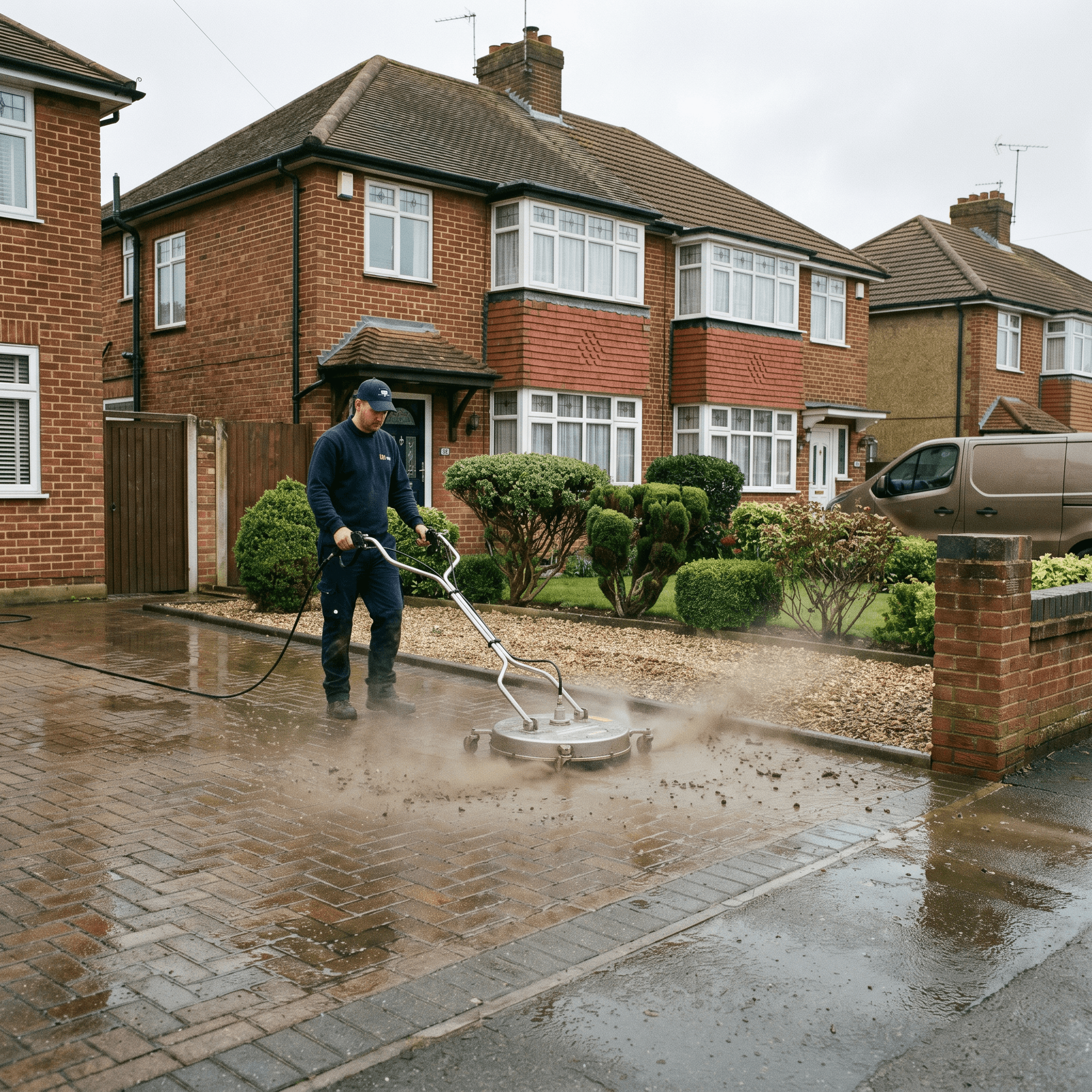 A contractor using a surface cleaner on a residential driveway outside a red brick home.